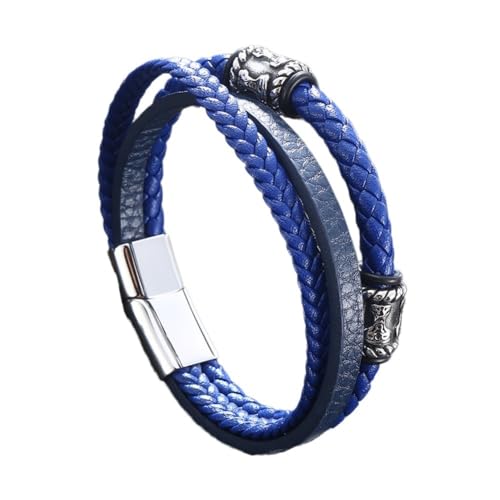 TQWSVUM Viking Mjolnir Perlen Lederarmband Für Männer Frauen - Mehrlagiges Geflochtenes Lederkordel Wrap Armband - Nordic Edelstahl Thor's Hammer Bead Cuff Armband Schmuck (Color : Blue_175MM) von TQWSVUM