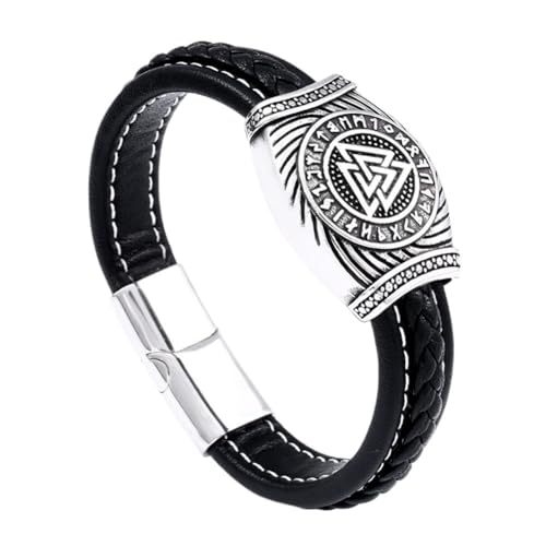 TQWSVUM Viking Valknut Leder Geflochtenes Armband Für Männer – Nordischer Edelstahl Runen Odins Dreieck Symbol Lederarmband – Unisex Vintage Manschettenarmreif Amulett Schmuck (Color : Silver_20CM) von TQWSVUM