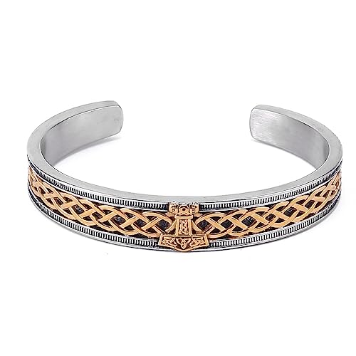 TQWSVUM Wikinger Mjolnir Offener Armreif - Nordic Odin Thors Hammer Manschette Armband Für Herren - Handgefertigter Edelstahl Mode Triquetra Keltisches Knotenmuster Amulettschmuck (Style : Gold) von TQWSVUM