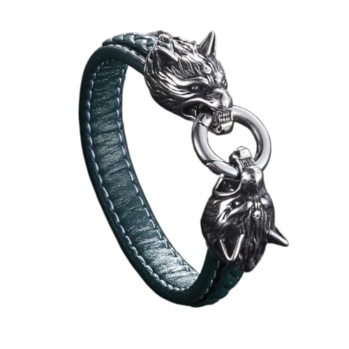 TQWSVUM Wikinger Wolf Lederarmband Für Herren –Geflochtenes Lederarmband Mit Doppelten Wolfsköpfen Aus Edelstahl -Nordischer Vintage Lederband Wickelarmreif Tieramulett Schmuck (Color : Green_175MM) von TQWSVUM