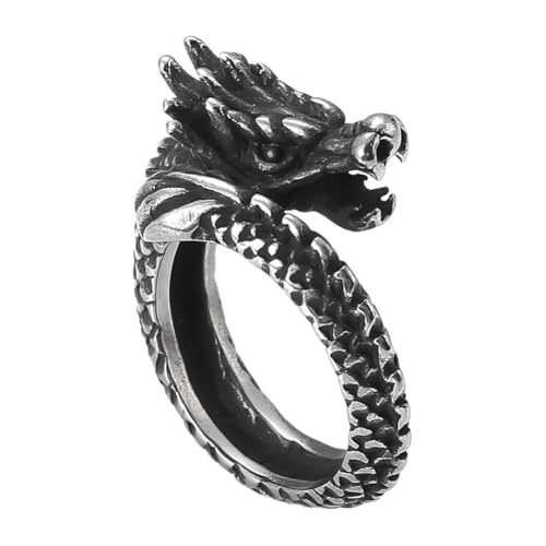Viking Dragon Head Ring Für Herren - Nordischer Edelstahl Vintage Drachenschuppen Tierring - Handgemachte Mittelalterliche Mode Heidnisches Amulett Hip Hop Statement Schmuck ( Color : Silver , Size : von TQWSVUM