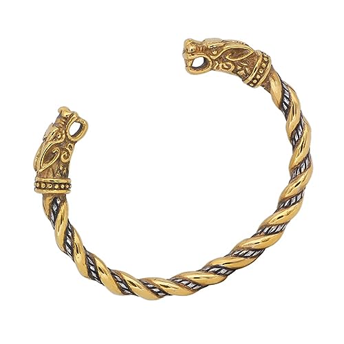 Wikinger Doppelwolf Kopf Manschettenarmband - Nordische Herren Edelstahl Verstellbarer Twist Fenrir Armreif -Mittelalterliches Vintage Metall Odin Wolf Armband Pagan Boys Schmuck ( Style : Gold ) von TQWSVUM