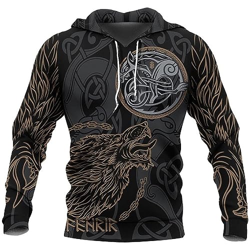 Wikinger Wolf T-Shirt Für Herren –Nordische Mythologie Odin Fenrir 3D Grafik Kordelzug Pullover Kurzarm – Unisex Neuheit Vintage Kompass Vegvisir Langarm Freizeitjacke ( Color : Hoodie , Size : XXL ) von TQWSVUM