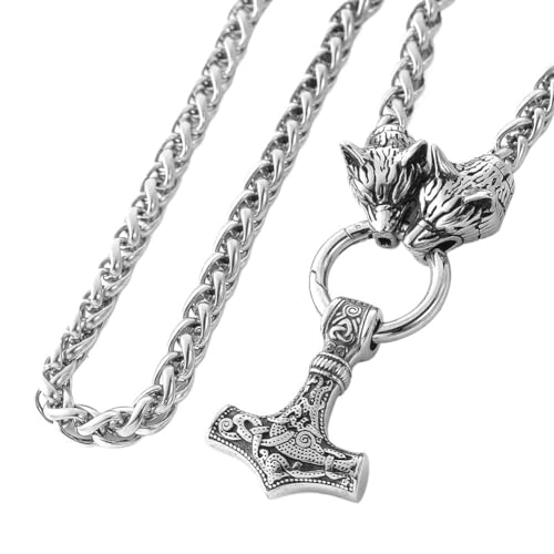 Wikinger Wolfskopf Mjolnir Anhänger Halskette Für Männer - Nordic Vintage Celtic Knot Thor's Hammer Amulett - Handgefertigter Odin Wolf Edelstahl King Chain Pagan Schmuck ( Color : Silver_60CM ) von TQWSVUM