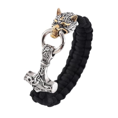 Wikinger Wolfskopf Mjolnir Paracord-Armbänder Für Männer - Handgefertigtes Odin Wolf Thors Hammerseil Geflochtenes Armband - Nordische Mythologie Tier Edelstahl Talisman Schmuck ( Color : Gold_19CM ) von TQWSVUM