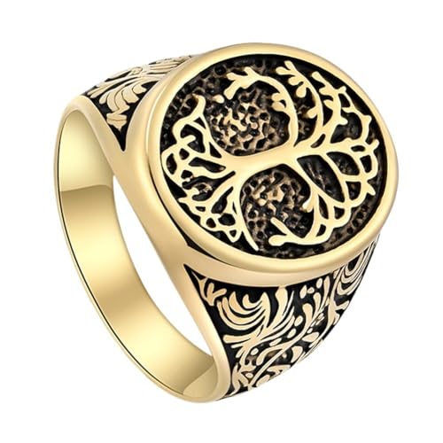 Yggdrasil Ring Für Männer Frauen - Nordische Mythologie Wikinger Edelstahl Baum Des Lebens Siegelring - Handgefertigter Vergoldeter Polierter Schwerer Metall Pagan Amulett Ring Schmuck ( Color : Gold_ von TQWSVUM