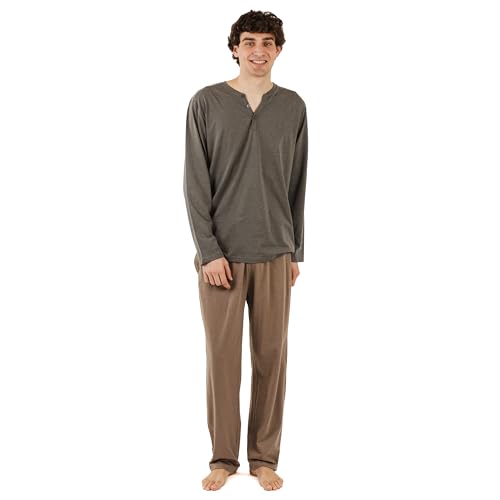 TRAMAS+ Schlafanzug Herren Lang Baumwolle Pyjama Set mit Knöpfen - Petrol Braun, M von TRAMAS+