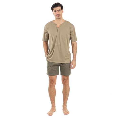 TRAMAS+ Schlafanzug Herren kurz mit Knöpfen - Nightwear Pyjama Set Oberteil und Kurze Hosen Sleepwear für Sommer - Jagdgrün, XL von TRAMAS+