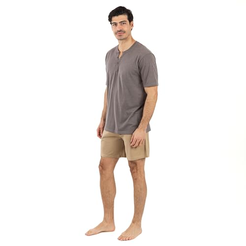 TRAMAS+ Schlafanzug Herren kurz mit Knöpfen - Nightwear Pyjama Set Oberteil und Kurze Hosen Sleepwear für Sommer - Sand, L von TRAMAS+