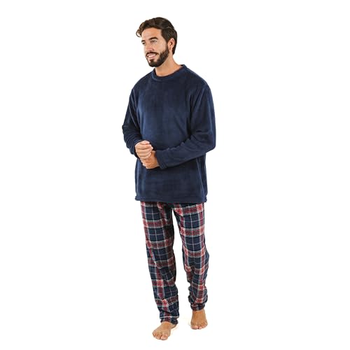 TRAMAS+ Schlafanzug für Herren | Weich, bequem und perfekt für zu Hause | Warmer Fleece Korallen-Pyjama für den Winter | Pyjama Set Bild Curtis Marineblau, L von TRAMAS+