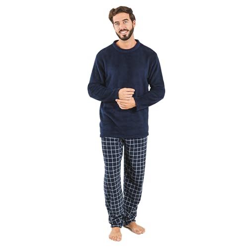 TRAMAS+ Schlafanzug für Herren | Weich, bequem und perfekt für zu Hause | Warmer Fleece Korallen-Pyjama für den Winter | Pyjama Set Marineblaue Pruden-Box, L von TRAMAS+