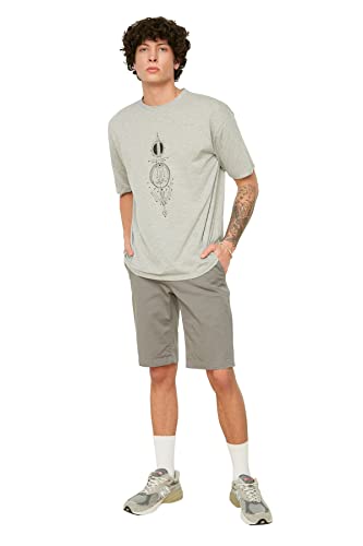 TRENDYOL Herren Entspannte Passform Runde Kragen Kurzarm Drucken T-Shirt, Gray, S von TRENDYOL