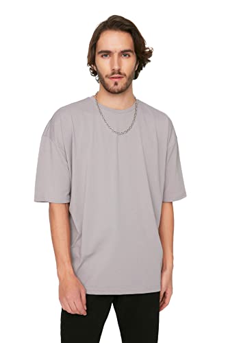 TRENDYOL Herren Männliches Basisches Bike-kragen Übergroß Kurzarm-t-shirt T-Shirt Western, Gray, L von TRENDYOL