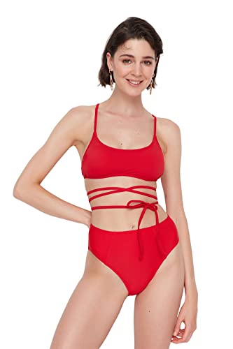 TRENDYOL Damen Verknüpfung Detaillierter Hoher Taillenbikini Sechs Bikini Bottoms Contemporary, Rot, 44 von TRENDYOL