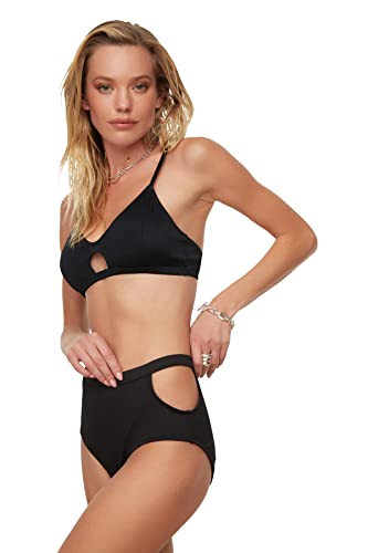 Trendyol Damen Textured High Waist Neckline Detail Six Bikini Bottoms, Schwarz, 36 EU von TRENDYOL