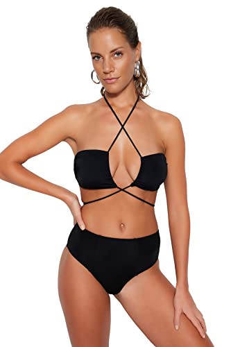 Trendyol Damen Frauen Normal Trotter Hohe Taille Bikini Bottom Bademode, Schwarz, 40 von TRENDYOL