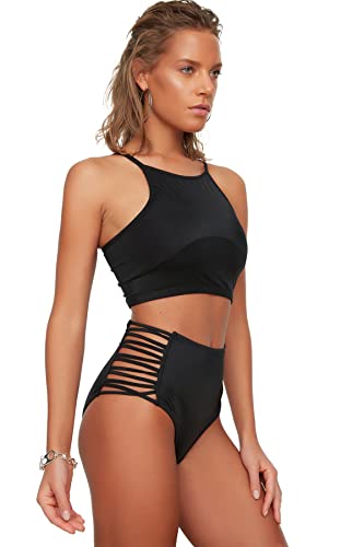 TRENDYOL Damen Biomierte Hohe Taille Sechs Bikini Bottoms, Schwarz, 34 EU von TRENDYOL