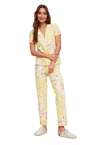 TRENDYOL Damen Blumenmuster Gestrickte Pyjamas Pajama Set, Gelb, L EU von TRENDYOL