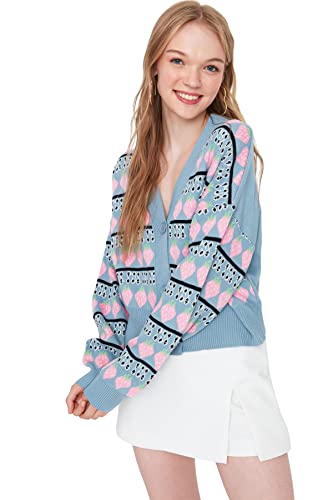 TRENDYOL Damen Cardigan mit V-Ausschnitt und Colorblock-Schnitt Pullover, Blau, M von TRENDYOL