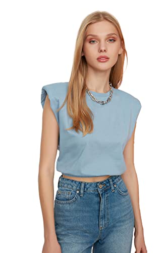 TRENDYOL Damen Casal Crop Gestricktes T-shirt T Shirt, Blau, L EU von TRENDYOL