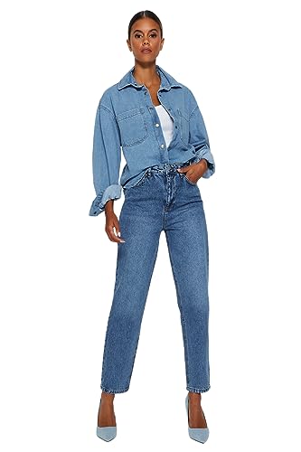 TRENDYOL Damen Gerade Mama Hohe Taille Jeans, Blau, 32 TRENDYOL Damen Gerade Mama Hohe Taille Jeans, Blau, 32 von TRENDYOL