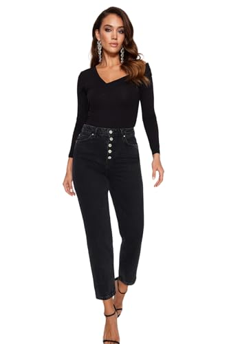 TRENDYOL Damen Gerade Mama Hohe Taille Jeans, Schwarz, 34 von TRENDYOL