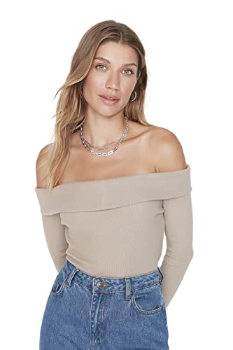 Trendyol Damen Strickbluse Carmen Kragen Hemd, beige, M von TRENDYOL