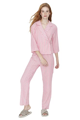 TRENDYOL Damen Trendyol Damen Gestreift Mitte Webstoff Hemd-hose Pyjama Pajama Set, Fuchsia, 34 EU von TRENDYOL