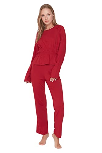 TRENDYOL Damen Trendyol Damen Unifarben Rüsche Mitte Gestrickt T-shirt-hose Pyjama Pajama Set, Bordeaux, XS EU von TRENDYOL