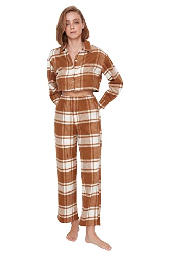 TRENDYOL Damen Trendyol Women's Checked Middle Woven Fabric Shirt Trousers Pyjamas Pajama Set, Zimt, 38 EU von TRENDYOL