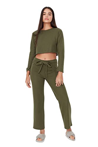 TRENDYOL Damen Trendyol Women's Plain Colours With Belt Centre Knitted T-shirt Trousers Pyjamas Pajama Set, Khaki, L EU von TRENDYOL