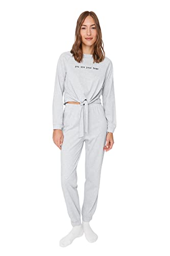 TRENDYOL Damen Trendyol Women's Plain Middle Knitted T-shirt Trousers Pyjamas Pajama Set, Grau Meliert, XS EU von TRENDYOL