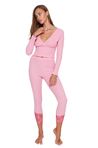 TRENDYOL Damen Trendyol Women's Plain Middle Knitted T-shirt Trousers Pyjamas Pajama Set, Puder, S EU von TRENDYOL