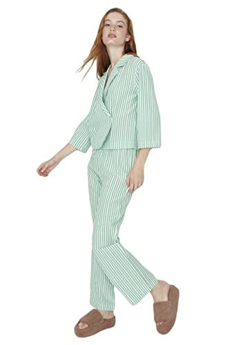 TRENDYOL Damen Trendyol Women's Striped Middle Woven Fabric Shirt Trousers Pyjamas Pajama Set, Grün, 38 EU von TRENDYOL