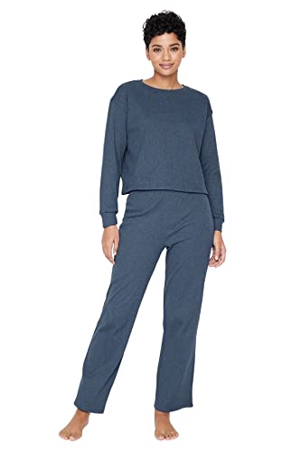 TRENDYOL Damen Unifarben Gestrickt T-Shirt-Hose Pyjama Pajama Set, Marineblau, L von TRENDYOL