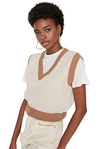 TRENDYOL Damen V-neck Plain Regular Vest Sweater, Greige, M EU von TRENDYOL