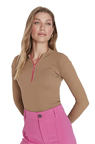 Trendyol Damen Woman Regular Standard Standing Collar Knit Blouse Hemd, Mink Color, Medium von TRENDYOL