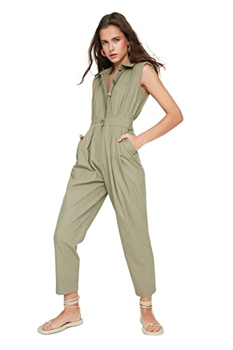 Trendyol Damen Women Plain Woven Jumpsuit Overall, Khaki, 60 von TRENDYOL