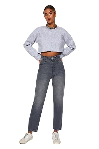 TRENDYOL Damen Gerade Mama Hohe Taille Jeans, Grau, 44 von TRENDYOL