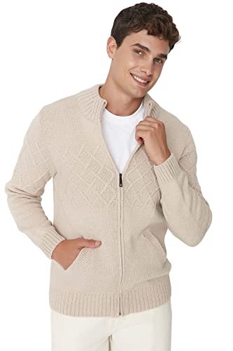 TRENDYOL Herren Cardigan mit Hohem Halsausschnitt und Rautenmuster Pullover, Beige, S von TRENDYOL