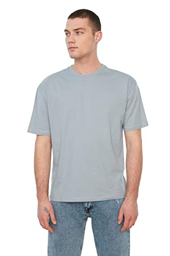 TRENDYOL Herren Männliche Basic 100% Baumwolle Entspannte Passform Runder Kragen Kurzarm T-Shirt, Gray, S von TRENDYOL