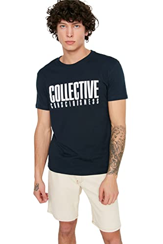 Trendyol Men's Männliche reguläre Fit 100% Baumwolle Runder Kragen Kurzarm Drucken T-Shirt, Navy, Medium von TRENDYOL