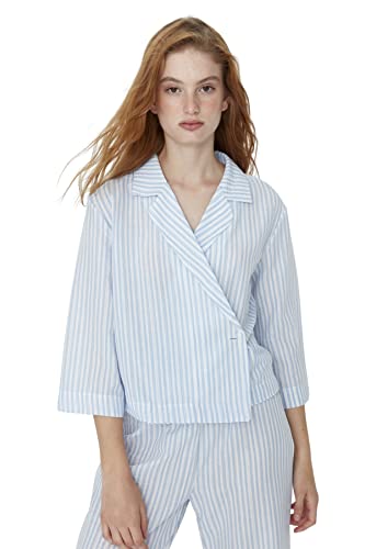 TRENDYOL Damen Trendyol Women's Striped Middle Woven Fabric Shirt Trousers Pyjamas Pajama Set, Blau, 34 EU von TRENDYOL