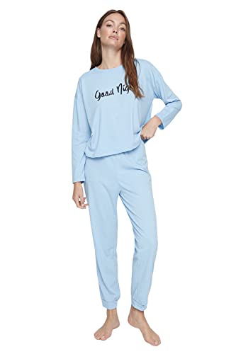 TRENDYOL Damen Trendyol Women's Slogan Pyjama Pajama Set, Blau, S EU von TRENDYOL