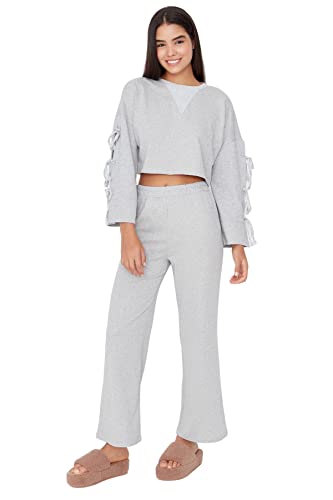 TRENDYOL Damen Trendyol Women's Plain Middle Knitted Jumper Trousers Pyjamas Pajama Set, Grau Meliert, M EU von TRENDYOL