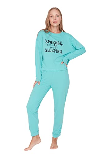 TRENDYOL Damen Trendyol Women's Slogan Pyjama Pajama Set, Mint, XS EU von TRENDYOL