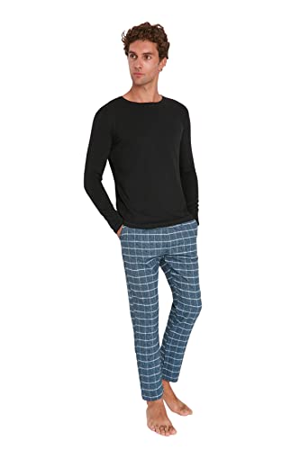 TRENDYOL Damen Trendyol Men's Checked Middle Knitted T-shirt Trousers Pyjamas Pajama Set, Schwarz, L EU von TRENDYOL
