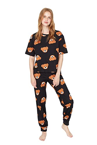 TRENDYOL Damen Anthrazit-teddybär Druckte Gestrickte Pyjamas Pajama Set, Anthrazit, S EU von TRENDYOL