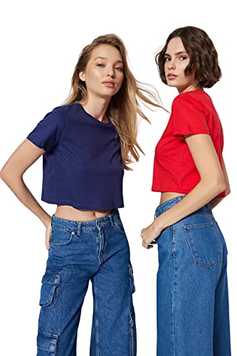 Trendyol Damen -Beg 100% Baumwolle Runder Halsband 2 Packung Crop Gestricktes T-shirt T Shirt, Navy, M EU von TRENDYOL