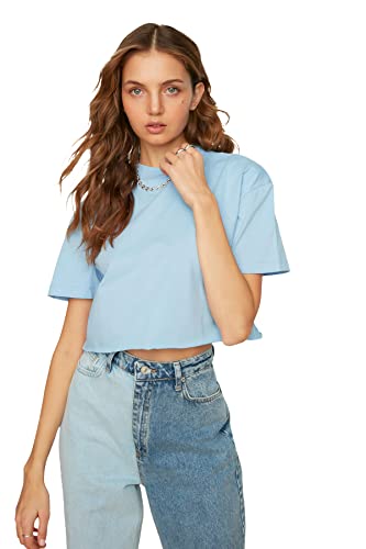 Trendyol Damen Blue Steep Collar Crop T-shirt T Shirt, Blau, L EU von TRENDYOL